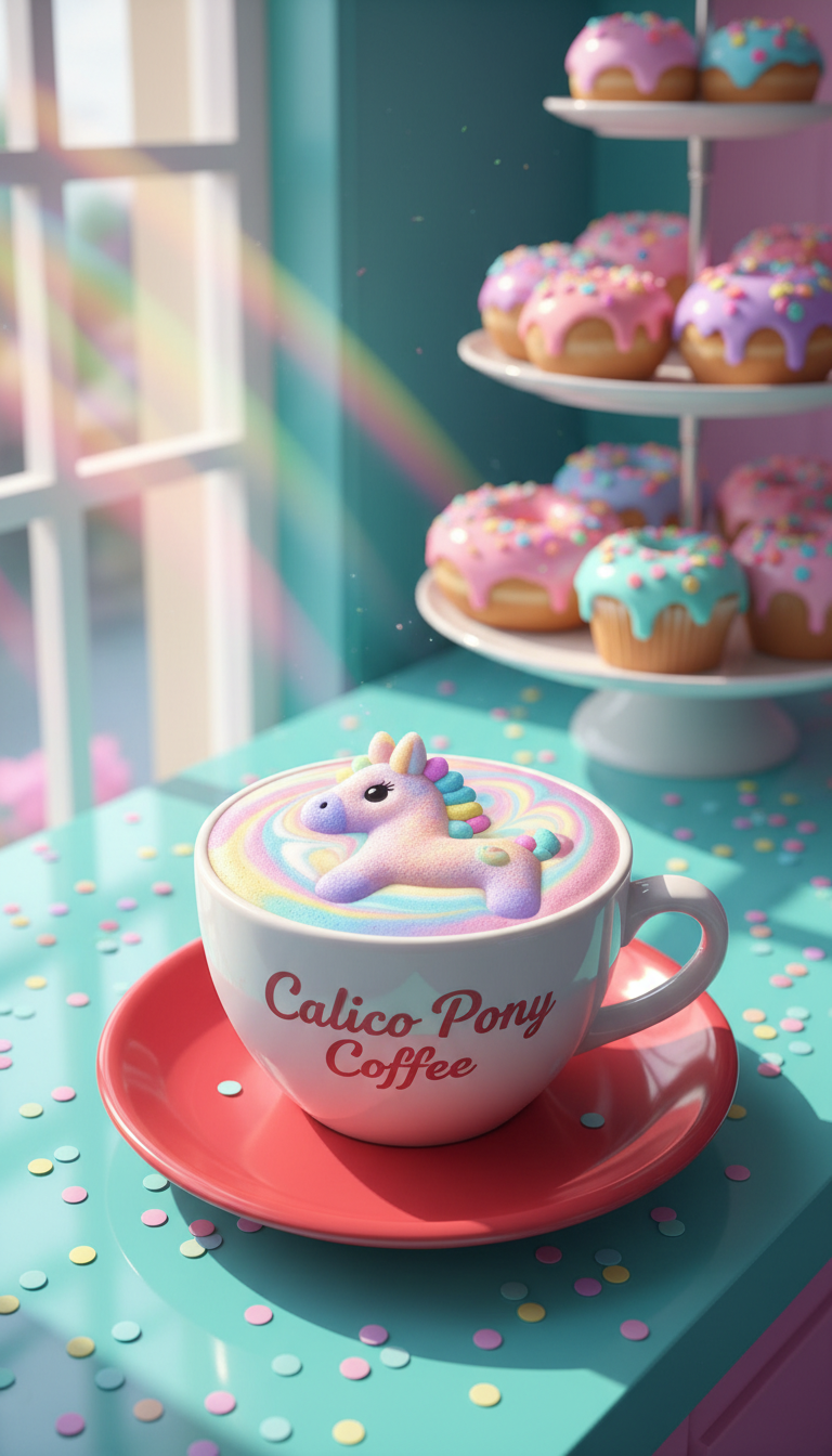 A whimsical latte art cup adorned with frothy, colorful swirls forming the shape of a playful pony in milk foam, sitting atop a rounded, cherry-red saucer. The cup rests on a lively aquamarine countertop edged with pastel confetti. Sunlight pours through a tall window, spilling prismatic highlights across the glossy ceramic and casting soft, curving shadows. Plump pastries covered in sprinkles and bold icing fill the background on cake stands. Captured from a slightly elevated perspective with vibrant, dreamlike colors, the focus is sharp on the cup. The mood is energetic and spirited, with rounded forms and a digital-art style perfectly matching Calico Pony Coffee’s playful charm.