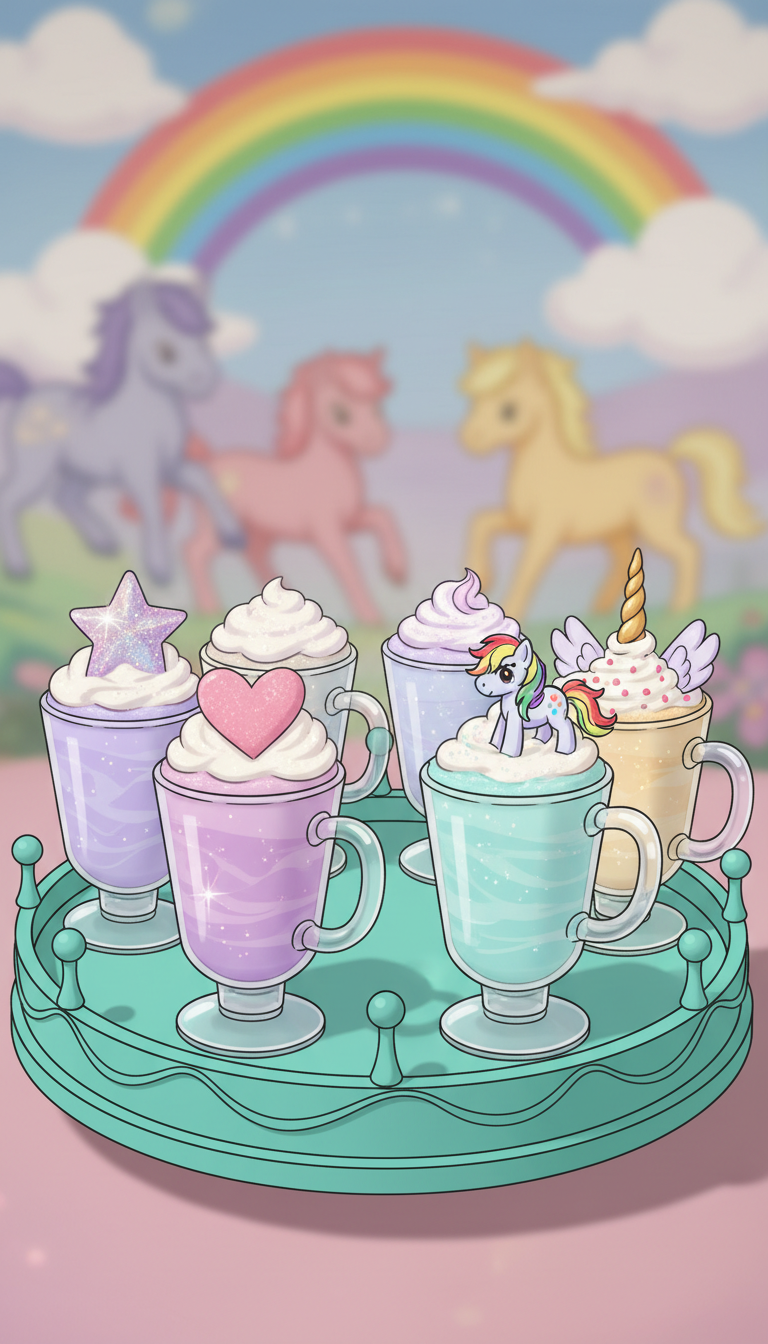 A vibrant selection of specialty lattes in glass mugs, each drink topped with fantastical whipped cream shapes—like stars, hearts, and a tiny digital pony—arrayed on a rotating, teal-colored display tray that mimics a playful carousel. The setting is in front of a mural featuring galloping ponies amidst clouds and rainbows, which blurs softly in the background. Diffuse, cheerful morning light filters in, creating highlights that sparkle on the drinks. The shallow depth of field draws immediate attention to the magical drinks. The mood is joyful and inviting, rendered in an exuberant digital-art style with smooth, rounded contours and energetic layout, embodying the shop’s specialty latte creativity.