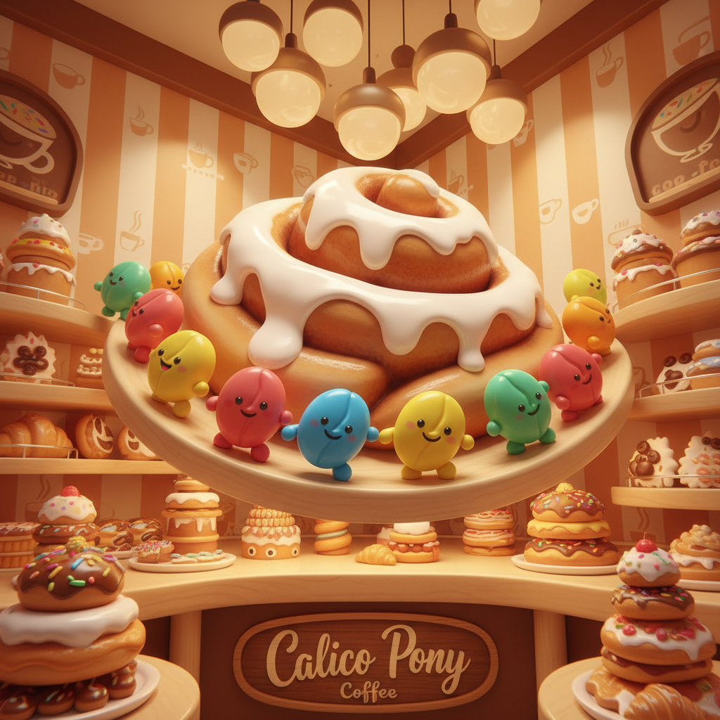 An oversized, whimsical display of a cinnamon roll sculpture, its glossy icing gleaming under warm pendant lights, surrounded by a parade of stylized, multicolored coffee beans bouncing along a curving wooden shelf. The environment is the shop’s pastry corner featuring playful, rounded-edge displays. Lighting is both ambient and energetic, casting jubilee-like reflections and soft glows across every pastry. Framed to emphasize the cinnamon roll as the hero, with a low-angle view and a wide, dynamic composition, the setting feels lively and imaginative. Digital-art style brings out the bright colors and bouncy, whimsical forms, encapsulating Calico Pony Coffee’s energetic personality.