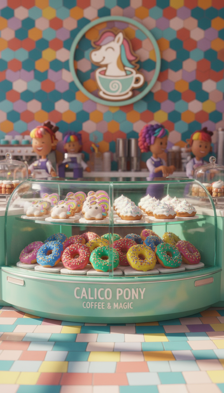A wide, joyous shot of Calico Pony Coffee’s main counter, depicted in vibrant digital-art style with rounded forms. The main focus is a display case overflowing with whimsically shaped pastries—ponies, clouds, and stars—each with dazzling glazes and bright sprinkles. The counter is mint-green and rounded, with a backdrop of multicolored tiles and a large, stylized pony logo. Natural sunlight from overhead skylights creates gleaming highlights and dynamic cast shadows. A shallow depth of field centers focus on the playful pastries. The mood is energetic, fun, and cheerful, with a composition that bursts with color and movement—an artistic, lively vision of this unique coffee shop.