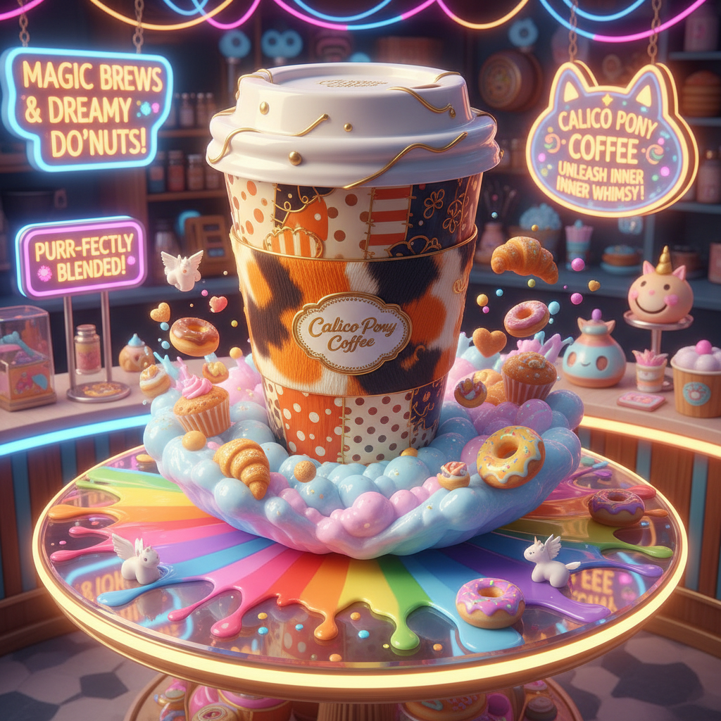 An imaginative, oversized to-go coffee cup made from glossy ceramic, decorated with a colorful calico patchwork pattern, set atop swirling, abstract clouds and floating golden pastry shapes. The cup sits on a round, rainbow-splashed tabletop in the shop’s takeout area, surrounded by whimsical signage and miniature pastry sculptures. Bright, playful LED lighting spills across the scene, creating shimmering highlights and shadow patterns. Viewed from a heroic upward angle for a dynamic effect, the composition uses a bold rule of thirds and bouncy negative space. The digital-art rendering is exuberantly colored, whimsical, and perfectly on-brand for Calico Pony Coffee’s playful and energetic take on coffee culture.
